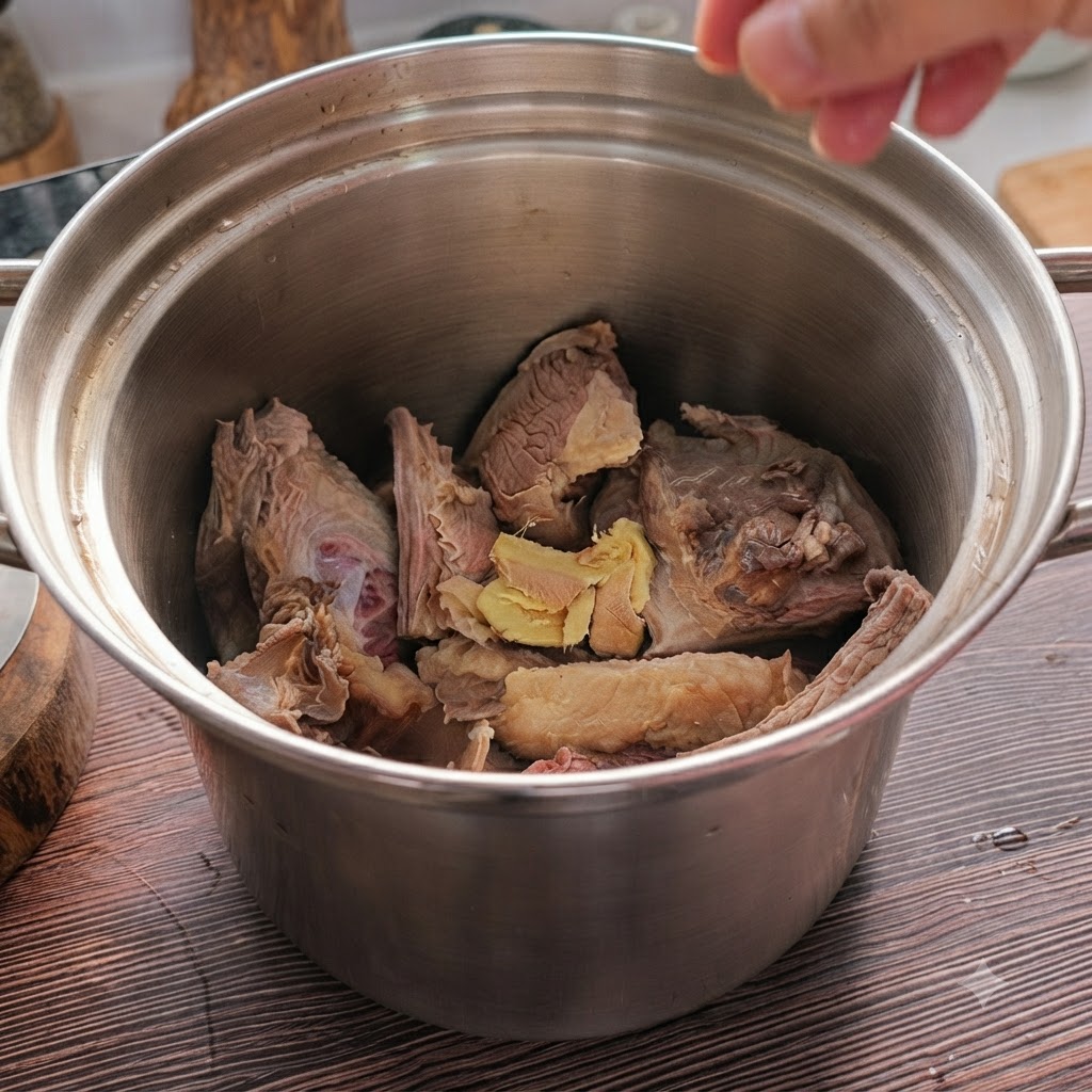 Beef pieces and ginger slices inside a stainless steel pot ready for stewing.