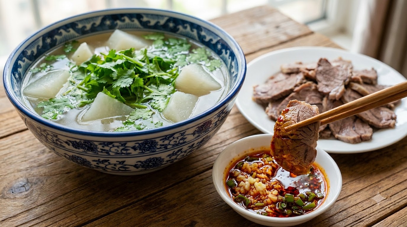 A bowl of clear-stewed beef and white radish soup served with chili dipping sauce and sliced beef