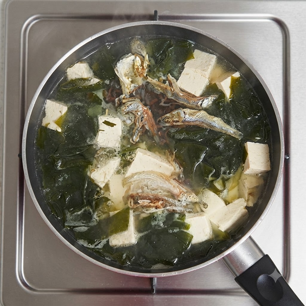 Dashi powder being sprinkled into the simmering pot of soup.