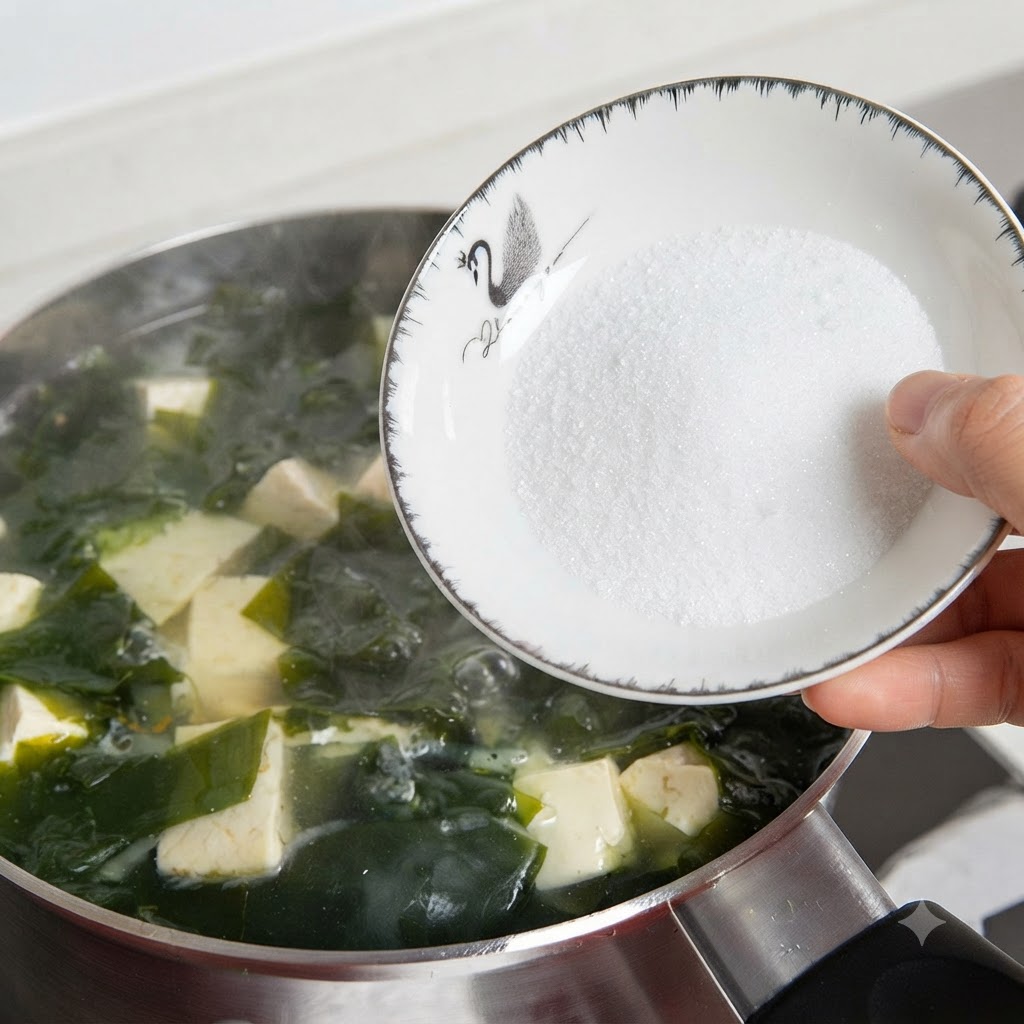 A white bowl containing salt held over a simmering pot filled with seaweed and tofu soup.