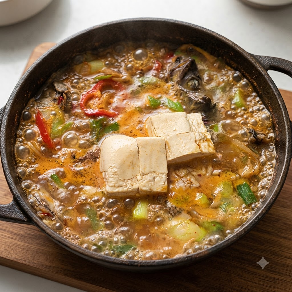 Blocks of white tofu resting inside the bubbling pollack soup pot as the final cooking step.