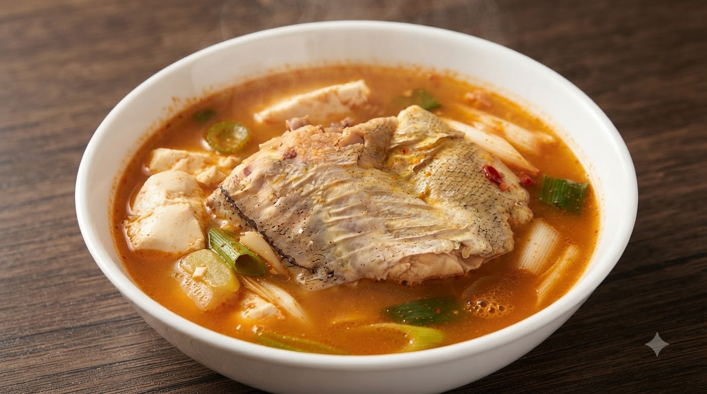 A steaming bowl of savory pollack soup with soft tofu, tender fish pieces, and a rich, spicy broth.