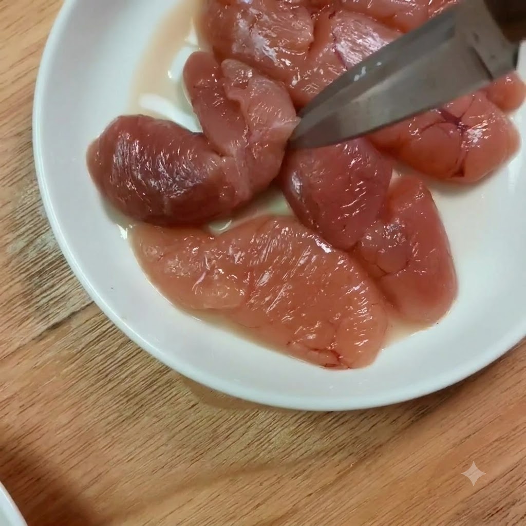 Pollock roe pieces being snipped into smaller portions using scissors on a white plate.