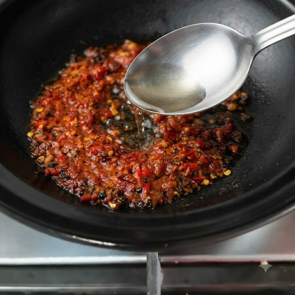 Water streaming from a measuring cup into the pot containing the chili base.