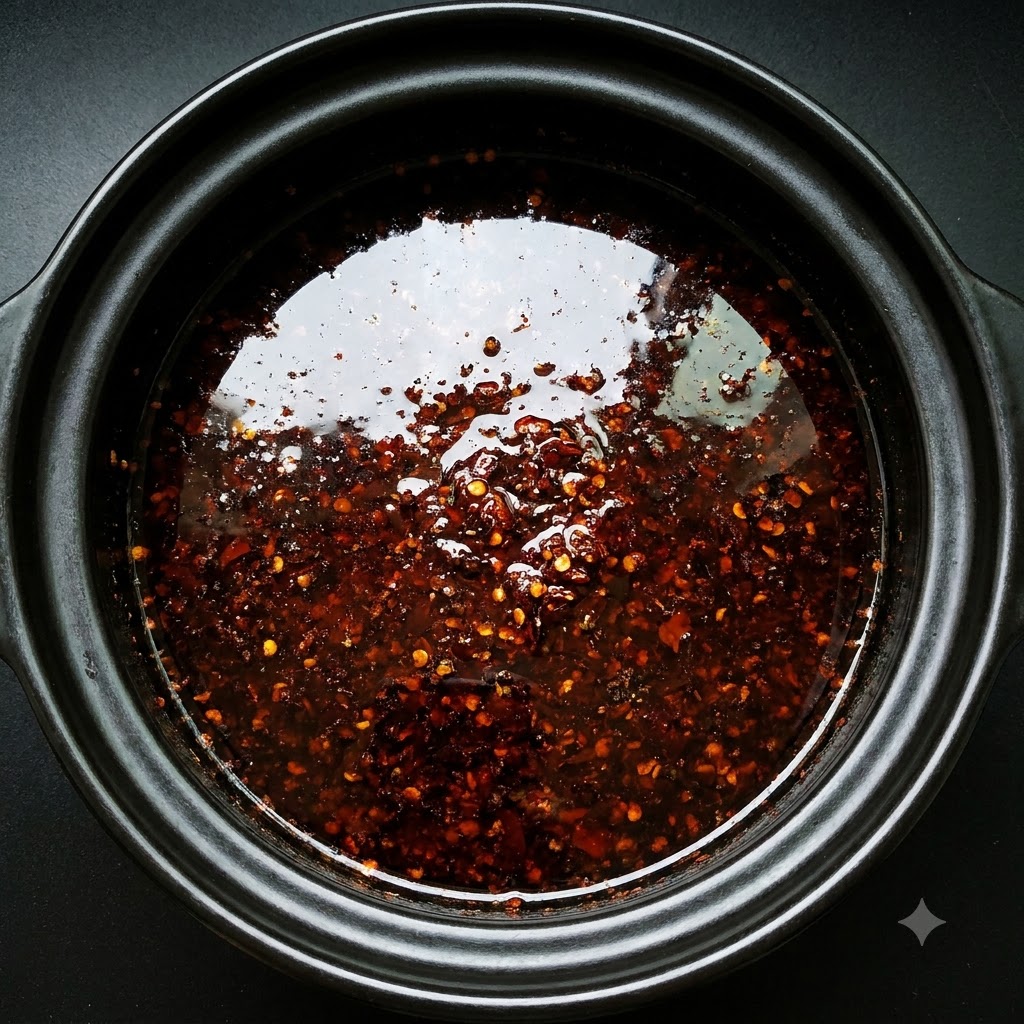 Soy sauce being poured into the dark red broth mixture inside the clay pot.