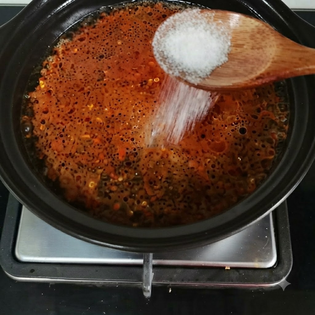 Salt being poured from a wooden spoon into a bubbling pot of red seasoned broth.