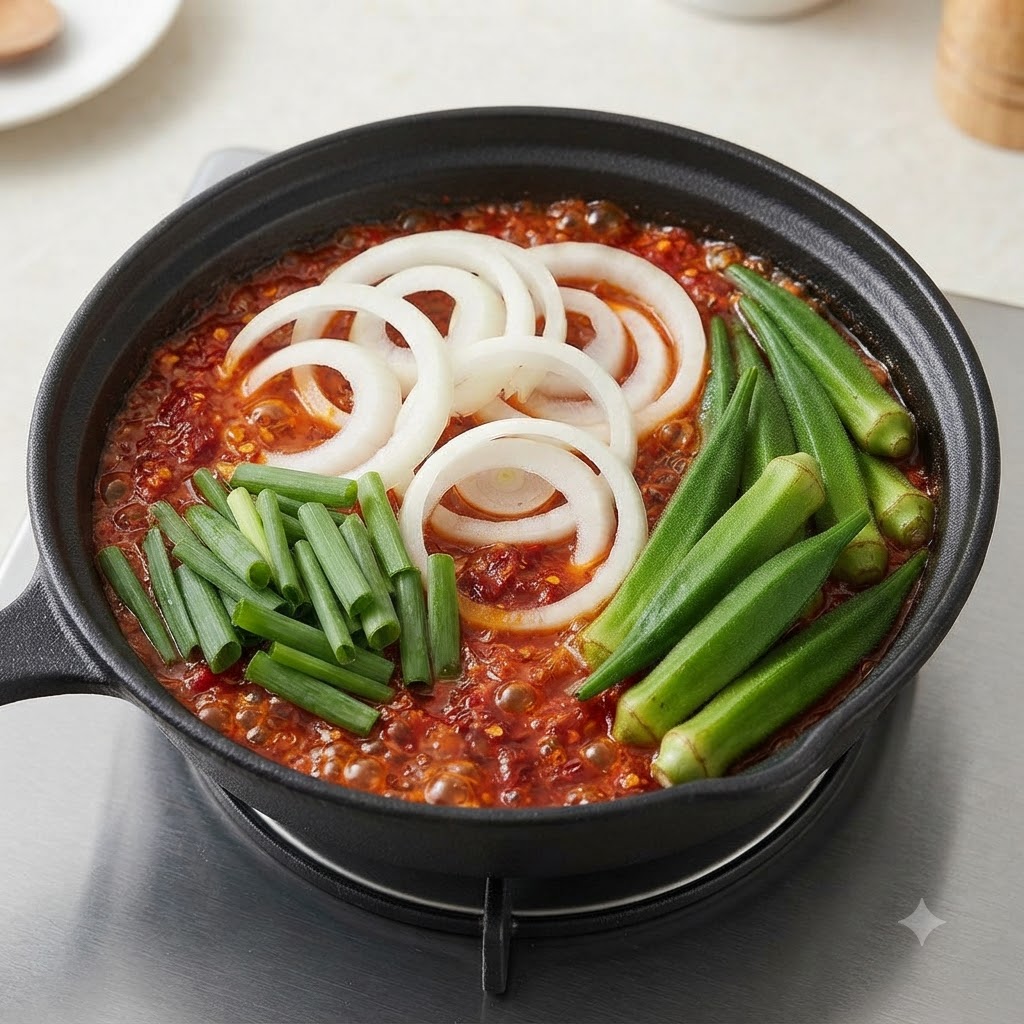 Sliced white onion rings and green vegetables arranged neatly inside a dark pot filled with bubbling spiced broth.
