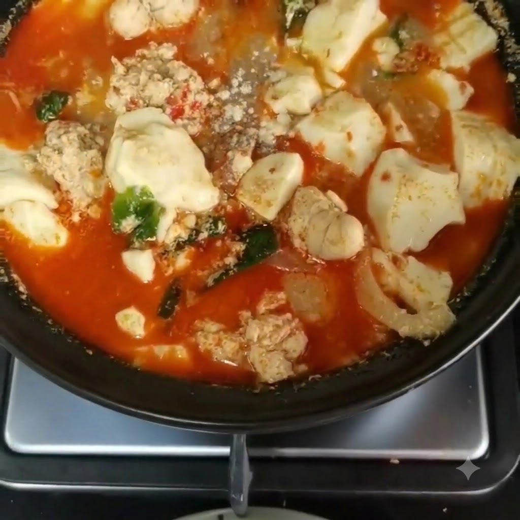 Pepper powder being sprinkled over a simmering pot filled with pollack roe, soft tofu, and spicy red soup.