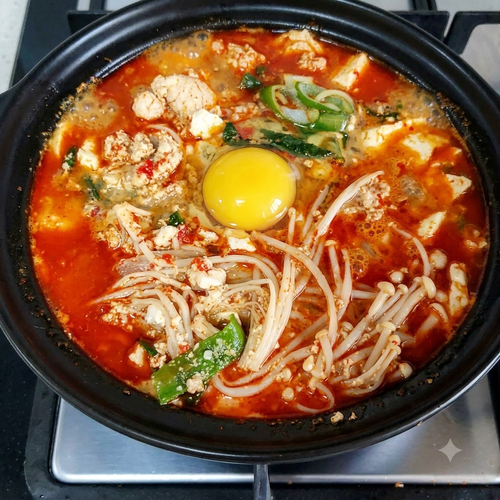 A raw egg yolk surrounded by white sits in the middle of a bubbling red Korean soup with mushrooms and bean sprouts.