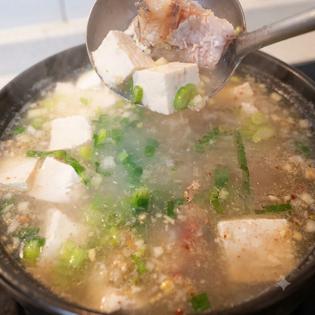 Tofu cubes being added to a simmering pot of fish soup using a ladle.