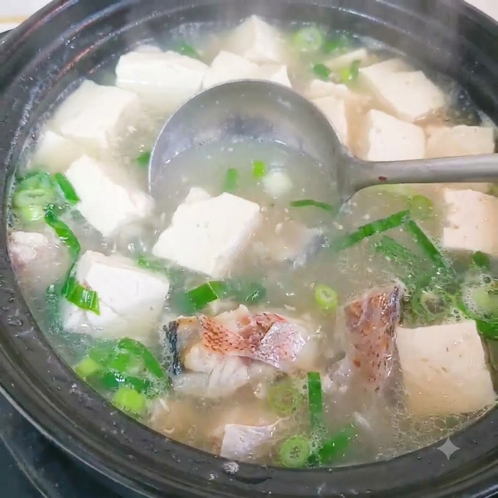 Fish segments being blanched in a pot of hot water.
