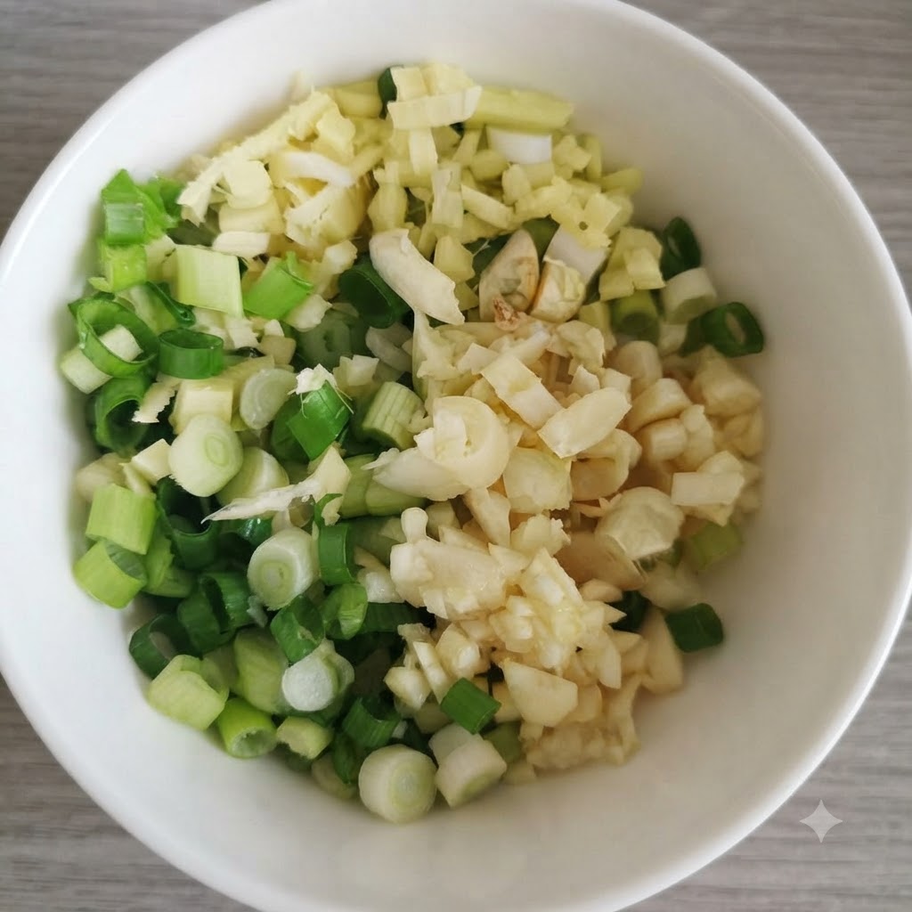A white bowl filled with freshly chopped green onions, minced garlic, and sliced ginger.