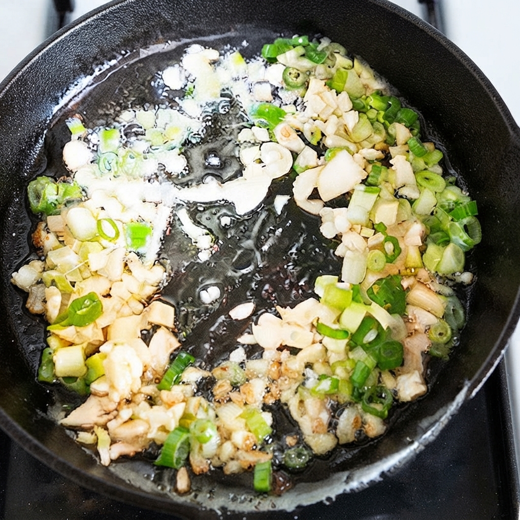 Green onions, minced garlic, and ginger sizzling in hot oil inside a black skillet.