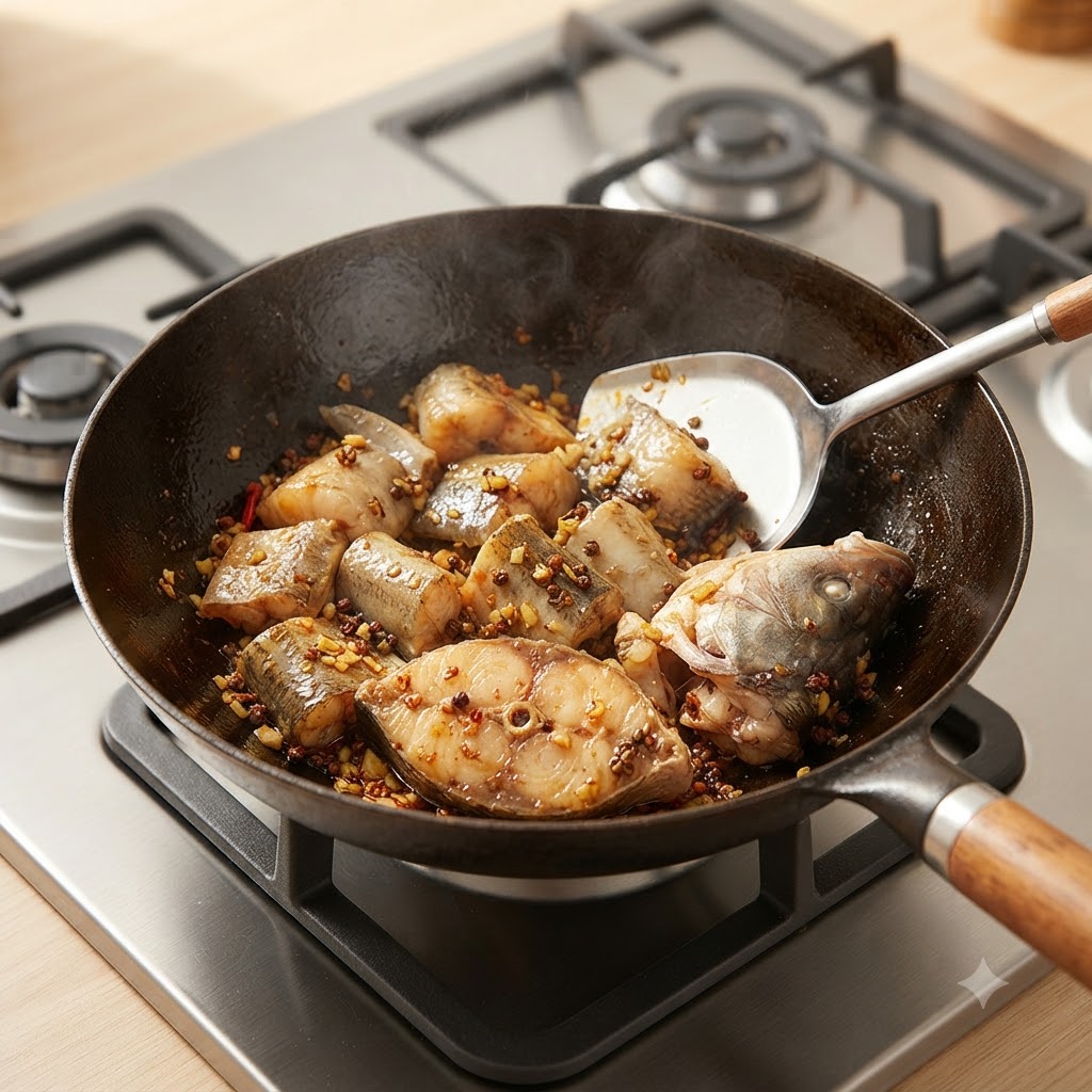 Pollock fish pieces being stir-fried with aromatics inside a wok using a metal spatula.