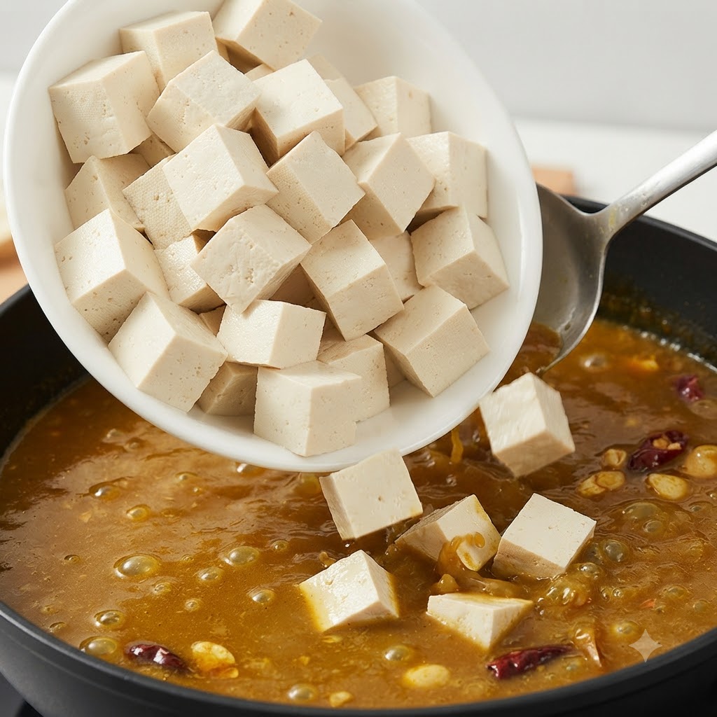 Tofu cubes being poured from a white bowl into the bubbling soup broth.