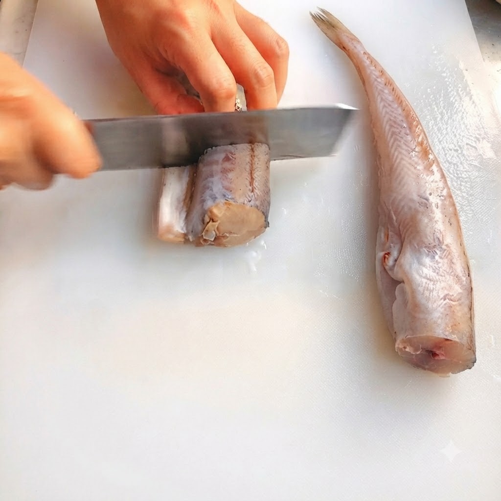 Alaska pollack fish being sliced into portions with a knife on a white cutting board.