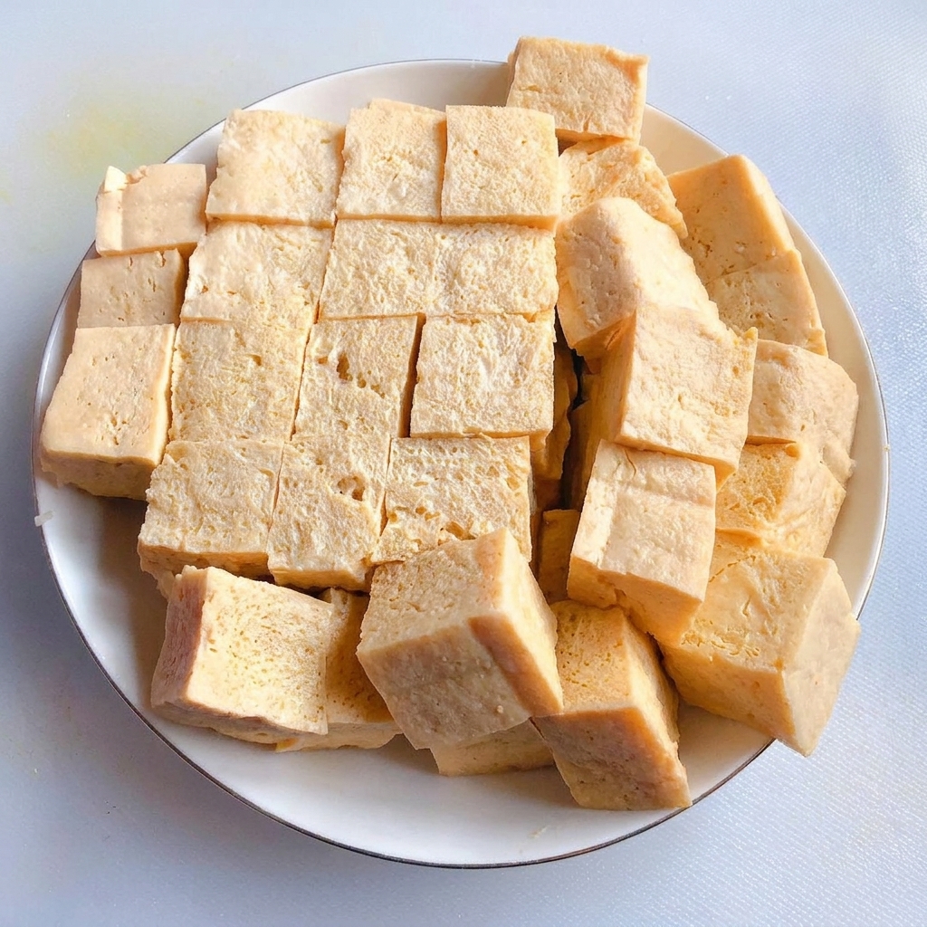 A plate of freshly cut old tofu cubes arranged neatly on a white plate.