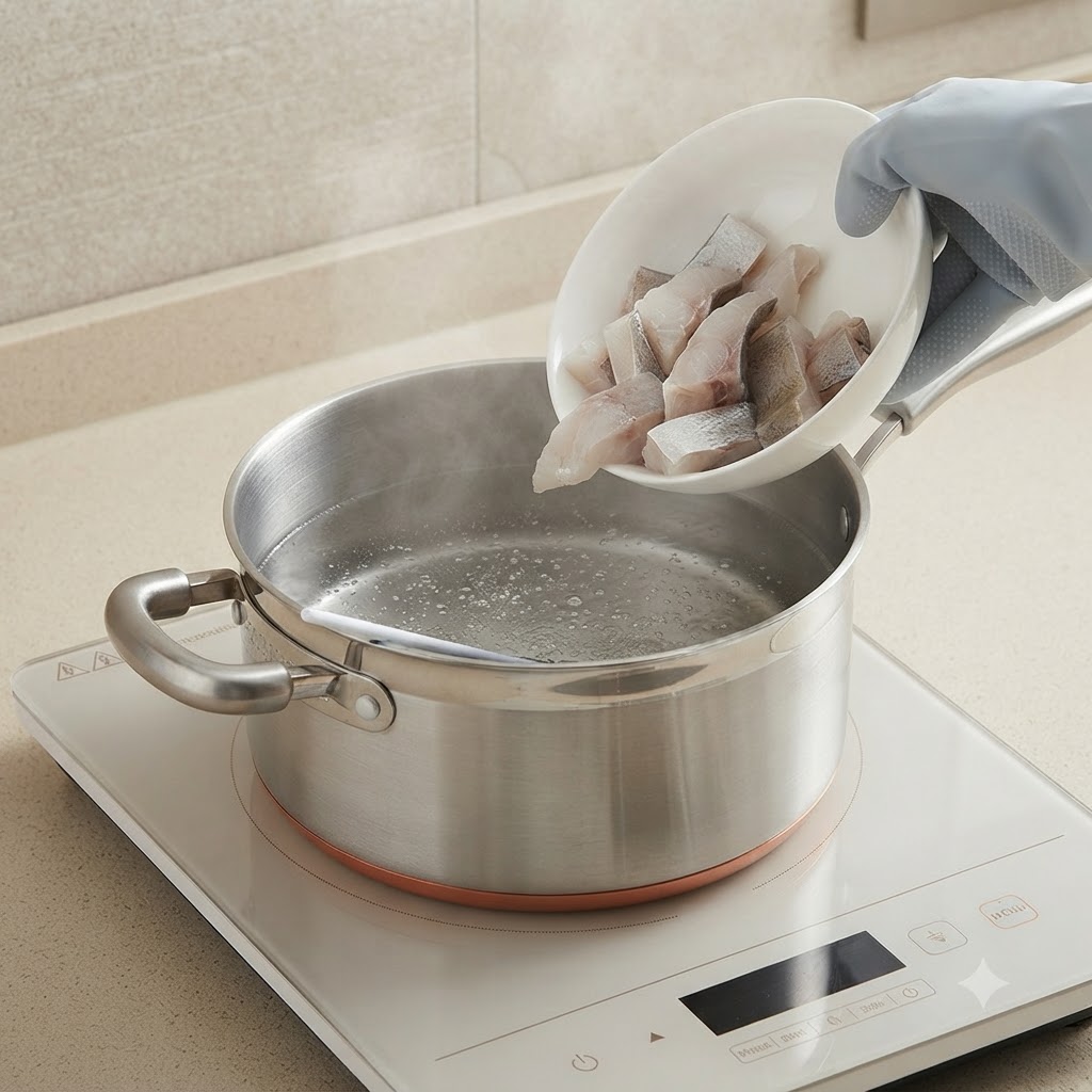 Pieces of pollack fish being poured from a white dish into a pot of boiling water on an induction cooktop.