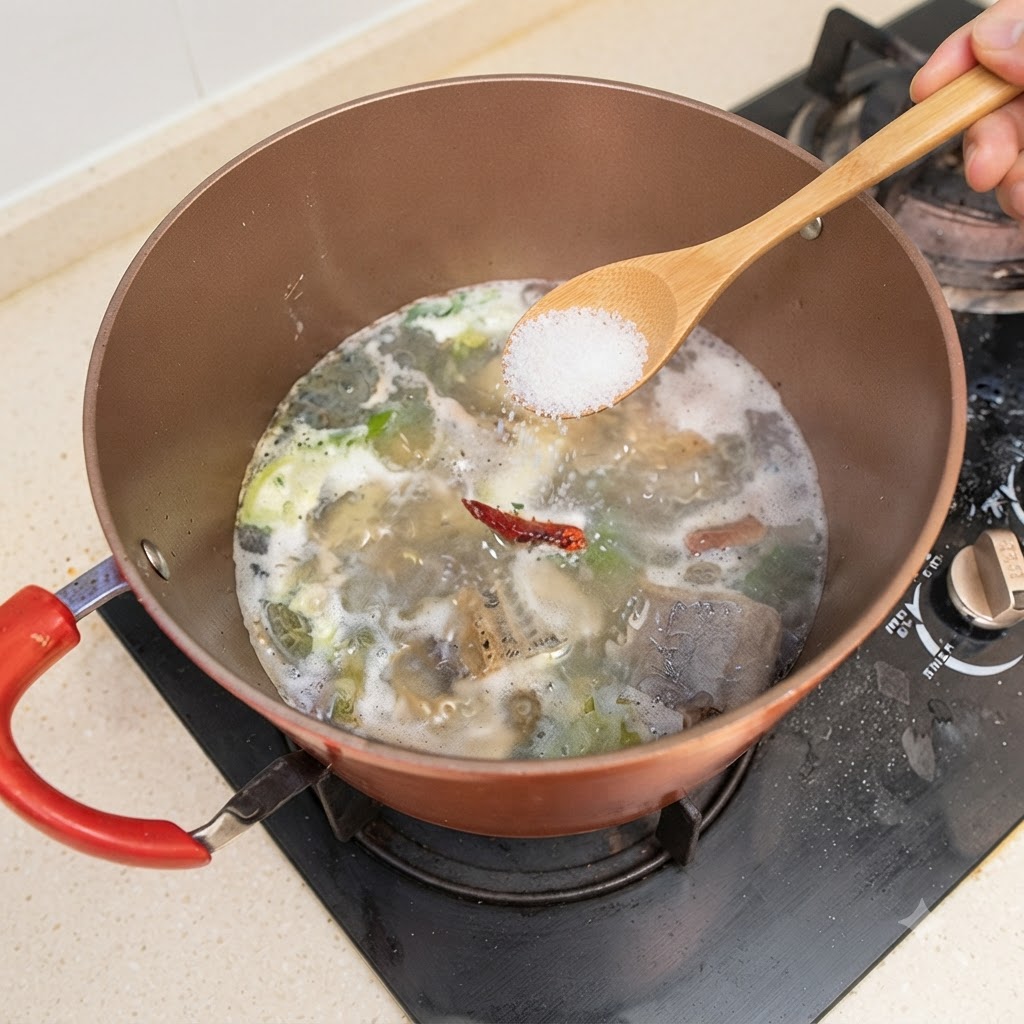 A wooden spoon adding salt and white pepper into a bubbling pot of fish soup.