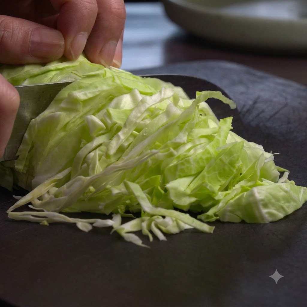 A sharp knife cutting a fresh head of cabbage into thin, even strips on a dark cutting board.