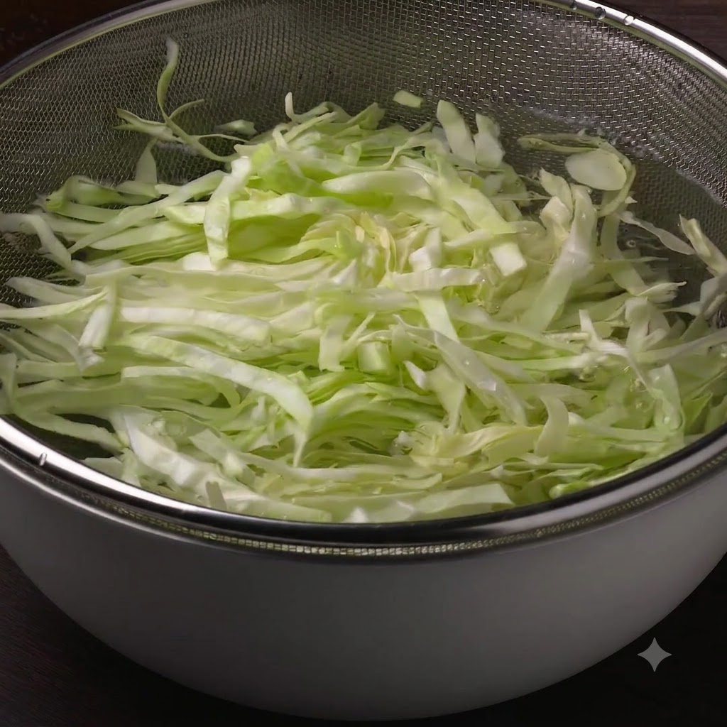 Shredded cabbage being washed inside a metal colander under a stream of water.