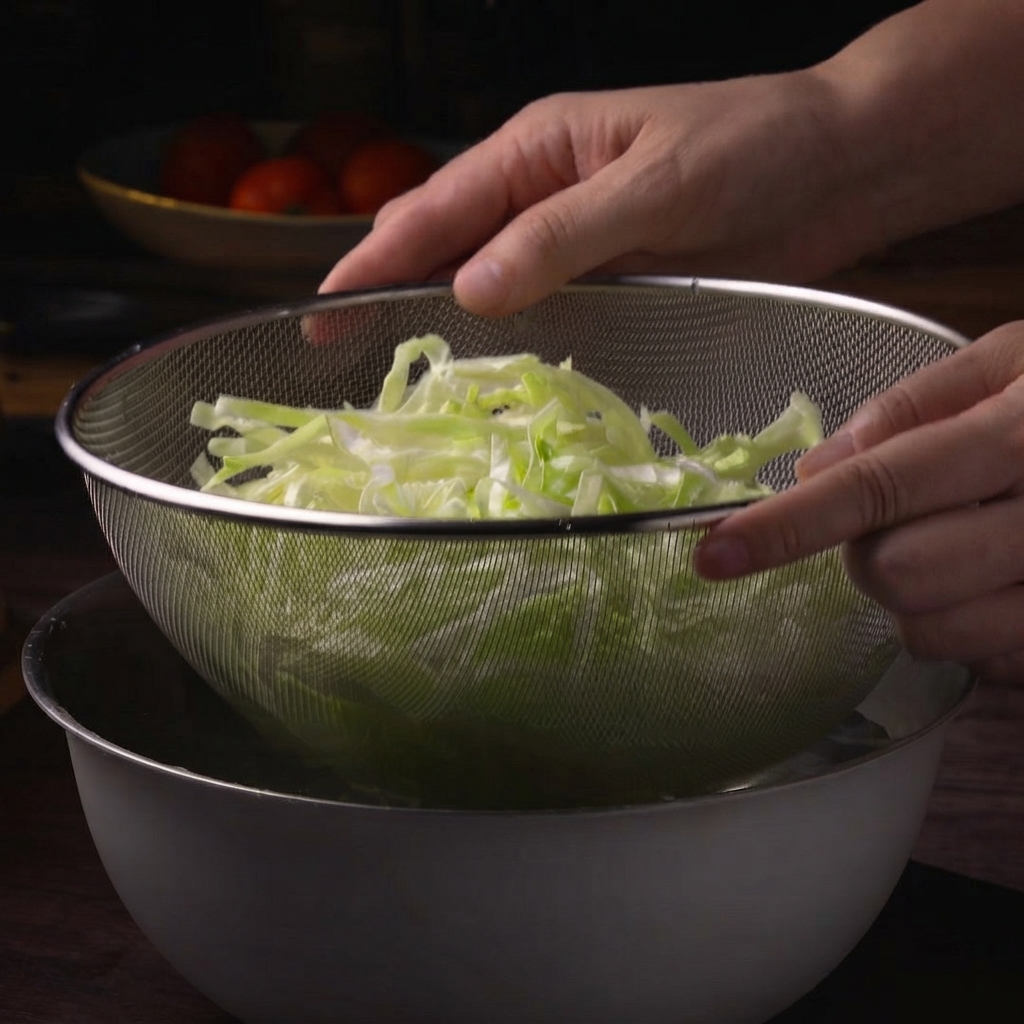 Hands holding a metal colander filled with drained cabbage over a mixing bowl.