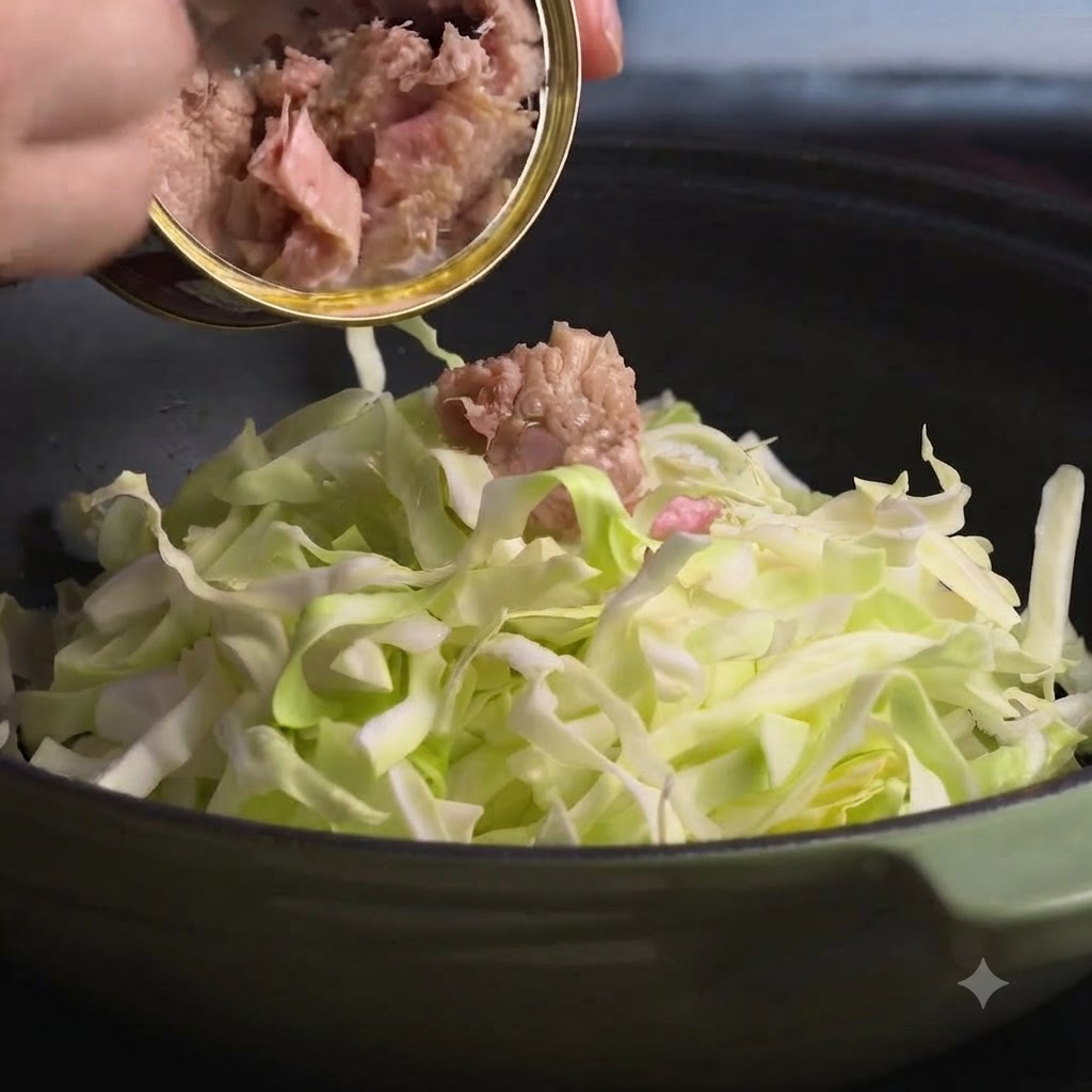 A hand pouring canned tuna meat from an open can into a green pot filled with sliced cabbage.