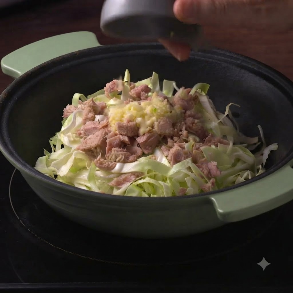 A small bowl or spoon adding minced garlic on top of shredded cabbage and canned tuna in a green cooking pot.