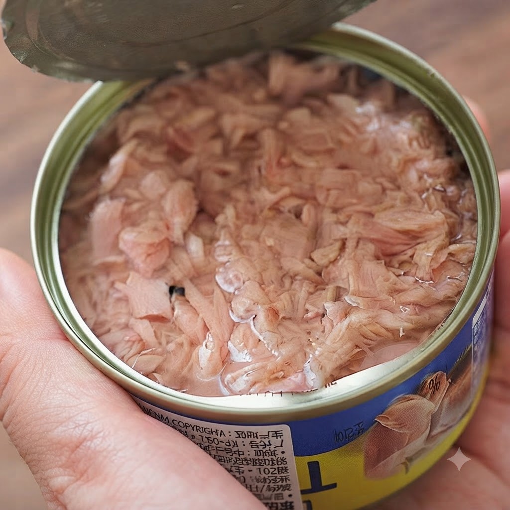 Canned tuna being emptied into a white mesh strainer to drain excess liquid.