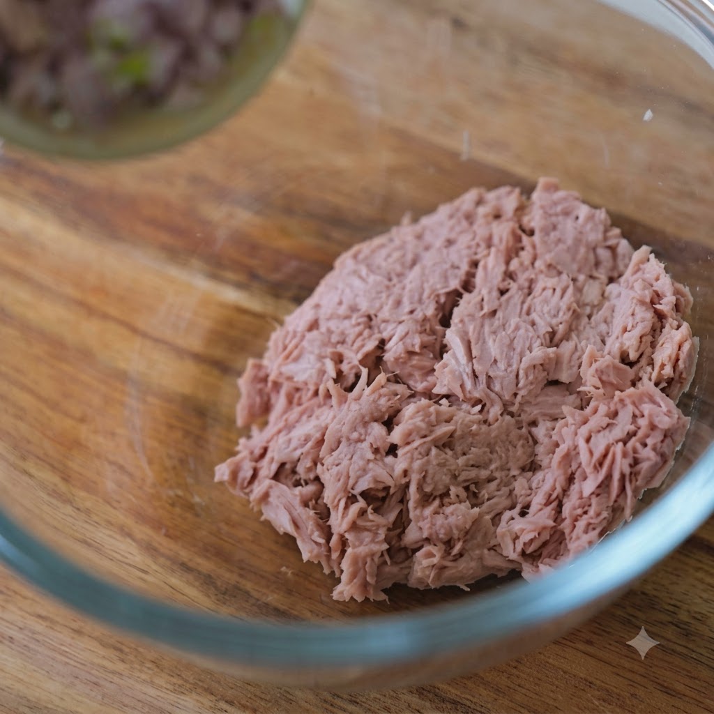 Diced red onions and seasonings being poured into a bowl of tuna.