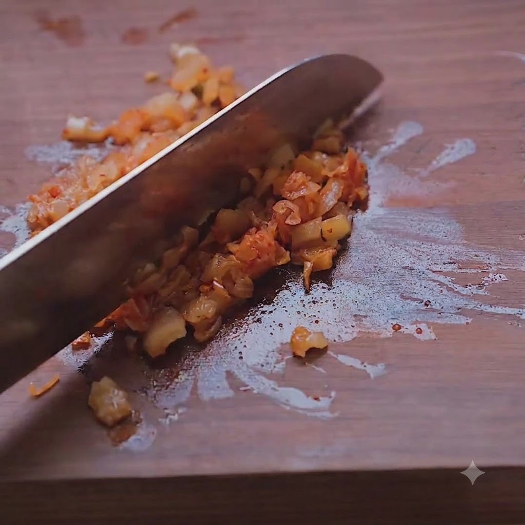 Finely chopped kimchi being mixed into the tuna salad.
