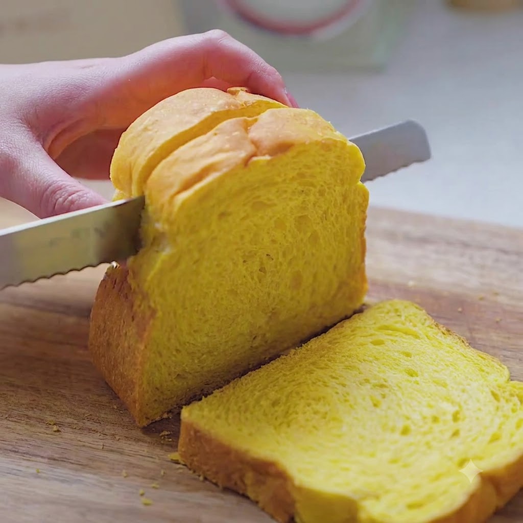 A loaf of yellow pumpkin toast being sliced into thick pieces.