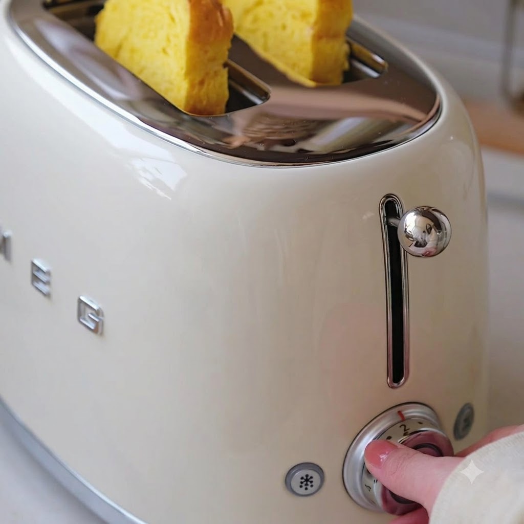 Slices of pumpkin toast inside a cream-colored toaster with the dial set.