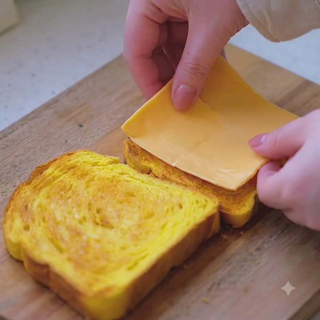 Two slices of yellow cheese being laid over warm toasted pumpkin bread on a wooden board.