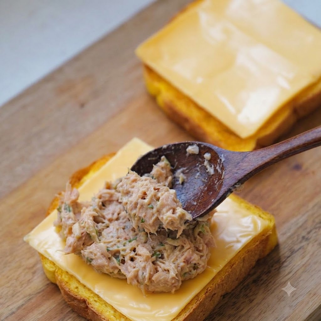 A wooden spoon scooping and spreading a mixture of tuna and kimchi onto a slice of cheese-covered toast.