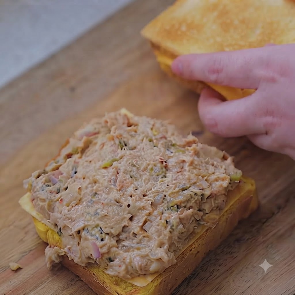 A hand placing the top slice of golden toast onto the assembled tuna kimchi filling.