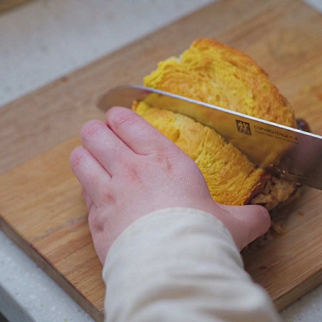 A sharp knife cutting diagonally through a loaded sandwich on a cutting board, showing clean cross-sections.