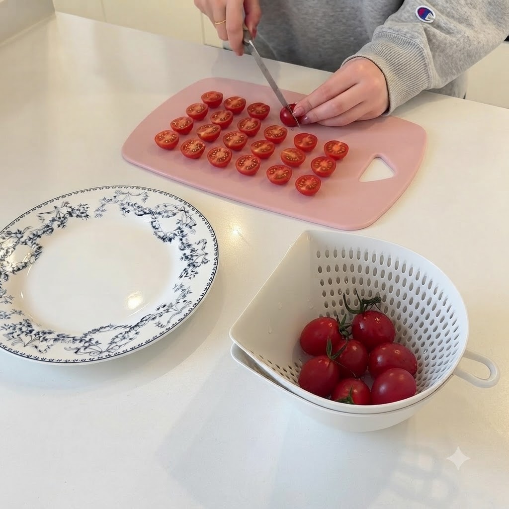 Hands slicing red cherry tomatoes in half with a knife on a pink cutting board.
