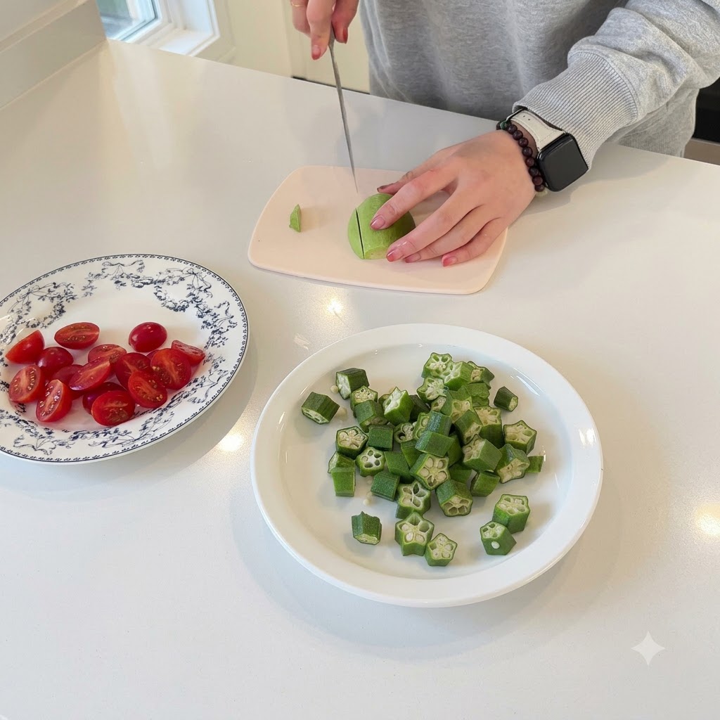 Hands slicing a green avocado half on a small pink cutting board.