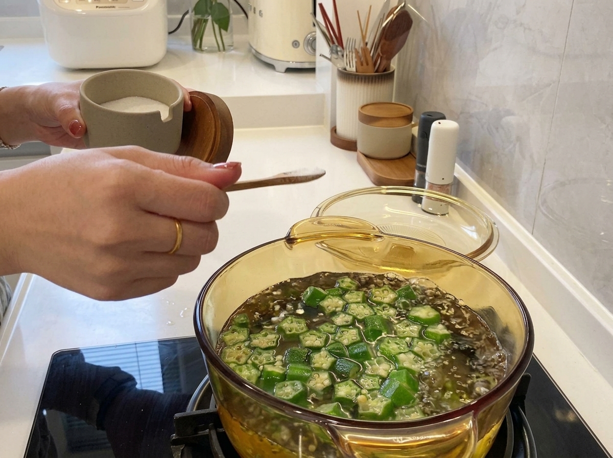 A hand adding a spoonful of salt to a boiling clear glass pot filled with sliced green okra.