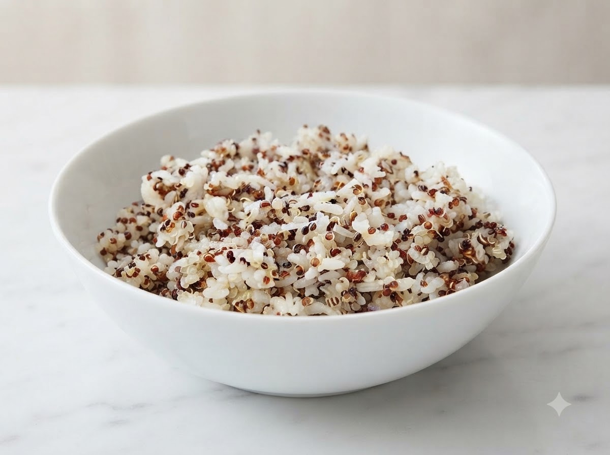 Freshly cooked quinoa and white rice mixture served neatly inside a clean white ceramic bowl.