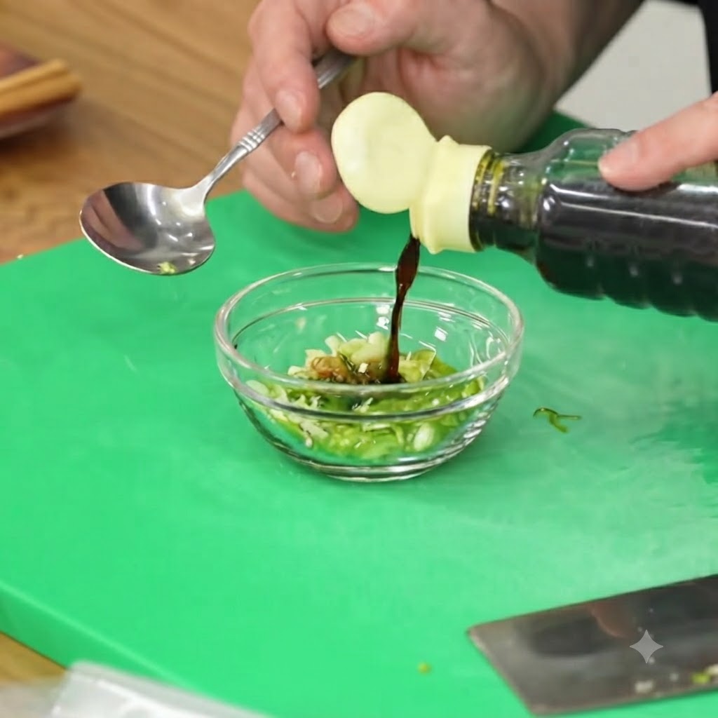 Soy sauce being poured into a small glass bowl containing chopped green onions and chili peppers.