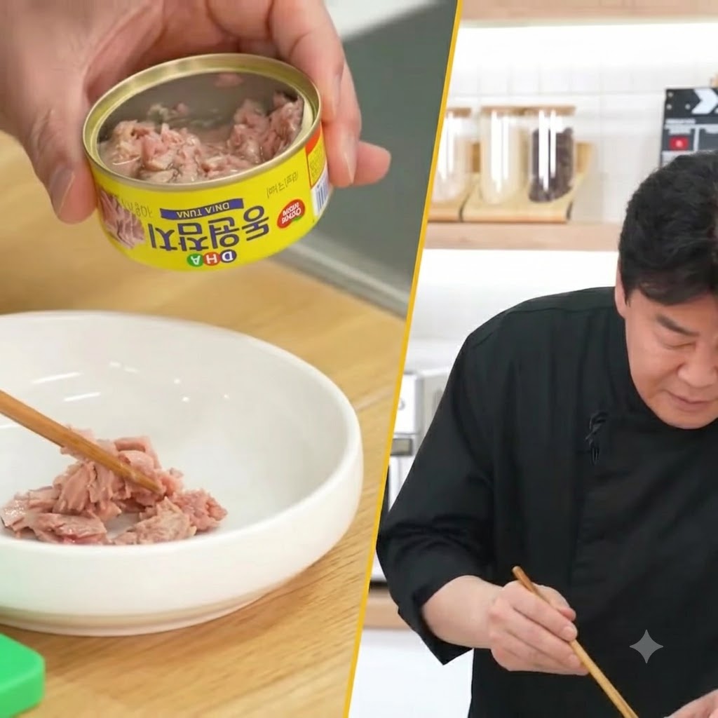 Half a can of tuna being scooped out with chopsticks and placed into an empty bowl.