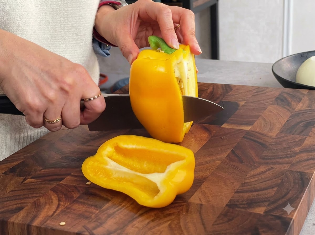 A yellow bell pepper being sliced into uniform strips on a wooden cutting board with a knife.
