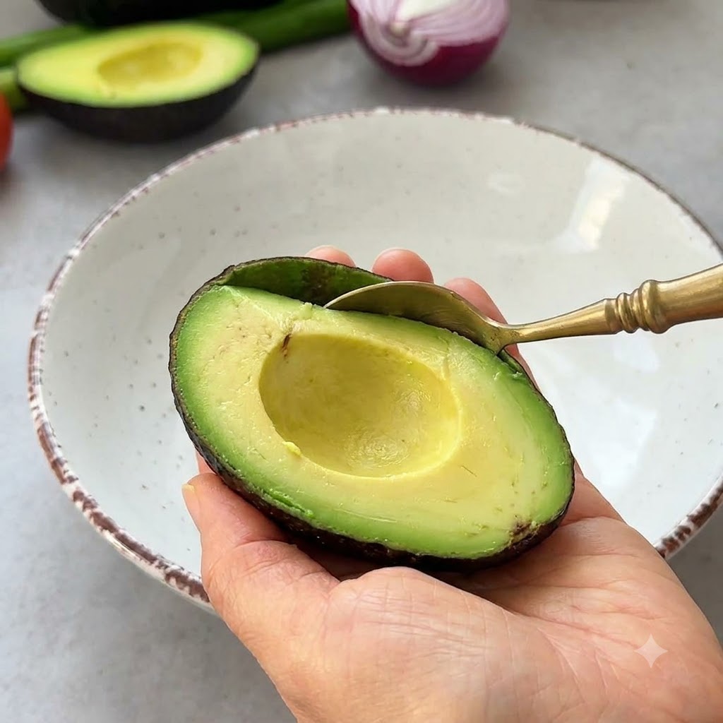 An avocado half held in a hand while a metal spoon scoops out the green flesh into a large white bowl.
