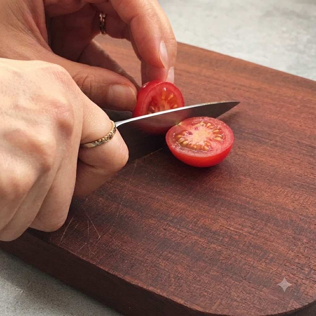 A cherry tomato being cut in half on a wooden cutting board using a small kitchen knife.