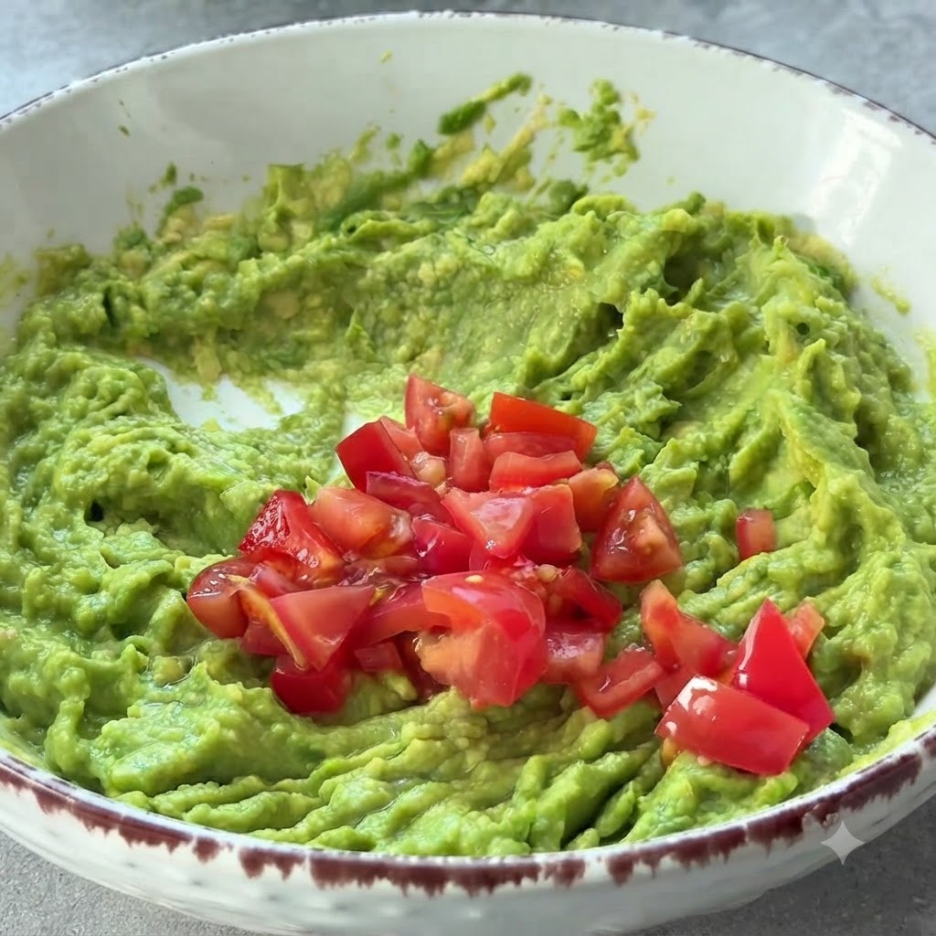 Freshly chopped red tomatoes piled on top of a bowl of green mashed avocado ready to be mixed.