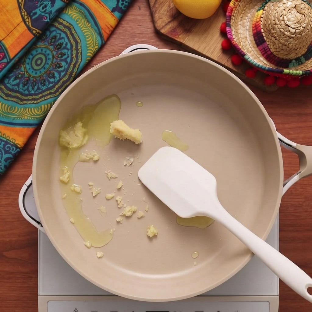Minced garlic and olive oil sizzling in a warm non-stick pan.