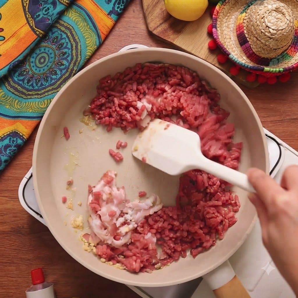 Chopped bacon and raw ground beef being added to the pan with garlic.