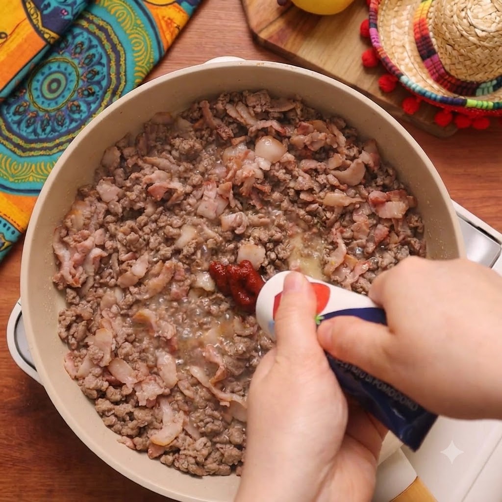 Tomato paste being added from a tube into the cooked meat mixture in the pan.